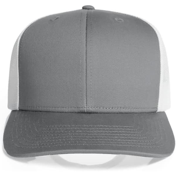 A grey trucker cap with a mesh back and a solid front, featuring a logo on the front panel.
