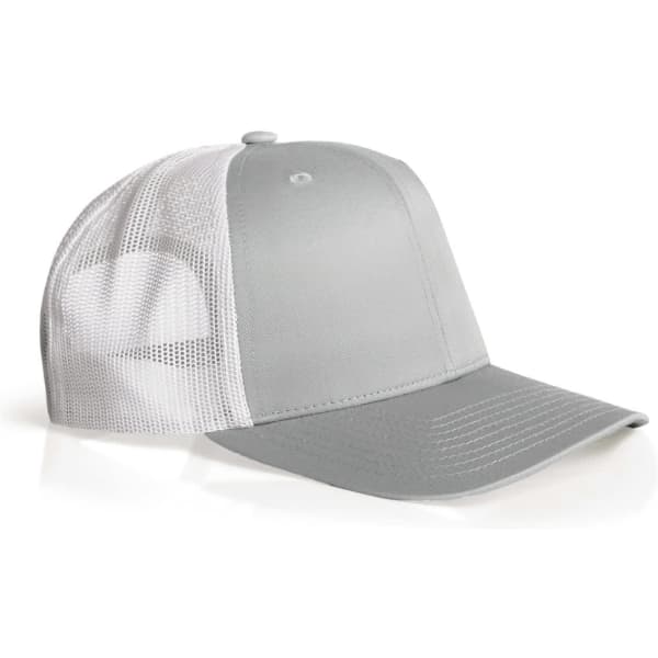 A grey trucker cap with a mesh back and adjustable fit, featuring branding on the front.