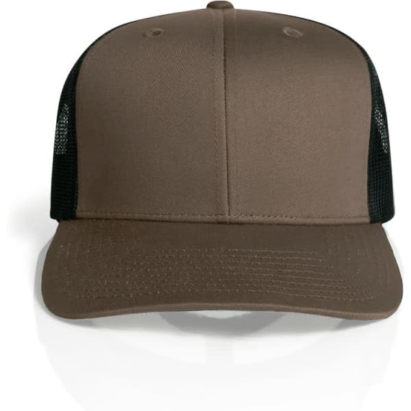 Brown trucker cap with mesh sides and a curved peak, featuring a logo on the front.