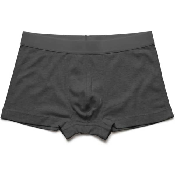 A pair of grey boxer briefs with a smooth waistband, featuring a logo on the waistband.