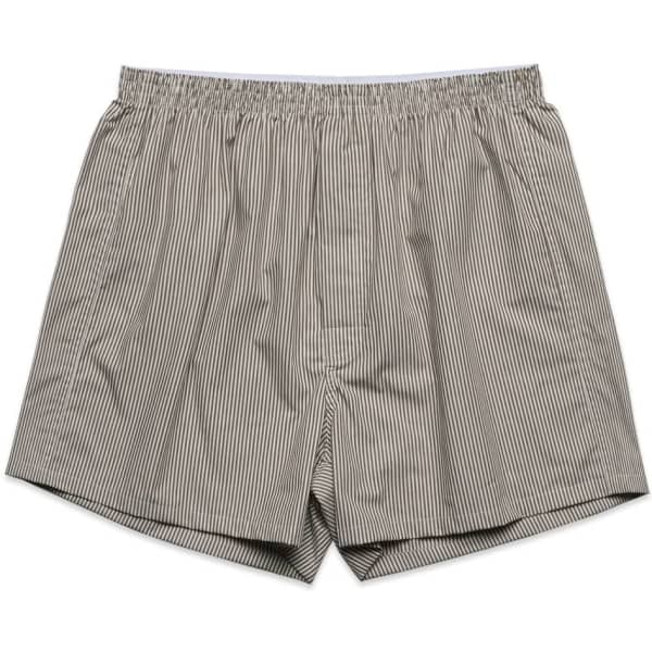 Striped boxer shorts featuring an elastic waistband, in tones of grey and white. The shorts have a loose fit.