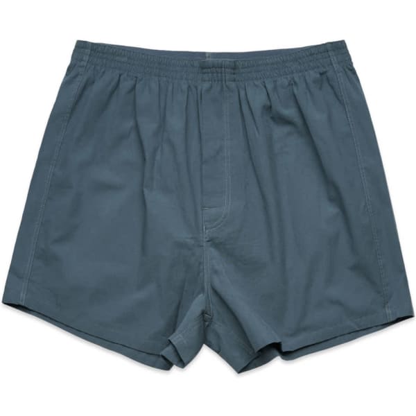 A pair of blue boxers with an elastic waistband, featuring a simple, unadorned design.
