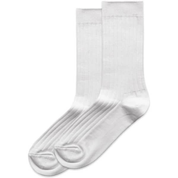 Two pairs of white ribbed socks arranged neatly together, featuring a simple design and a logo detail.