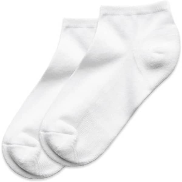 Two pairs of white ankle socks displayed side by side, featuring a simple, unembellished design.