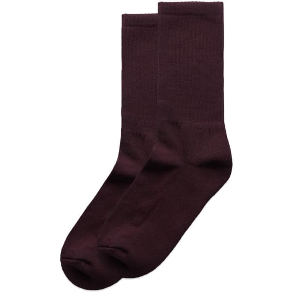 Two pairs of deep burgundy socks, featuring a simple design and an unmarked logo.