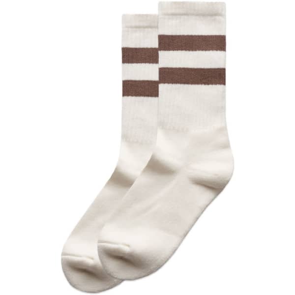 A pair of cream socks with brown stripes, featuring a simple design and a logo.