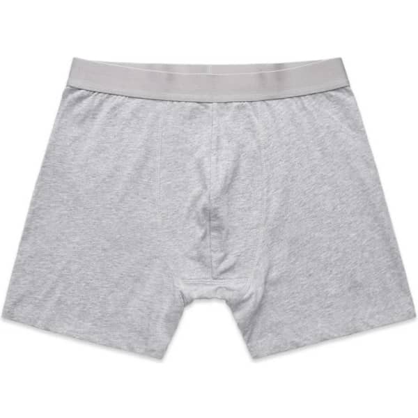 A pair of grey trunks with a soft waistband and a classic athletic cut, featuring a logo on the waistband.