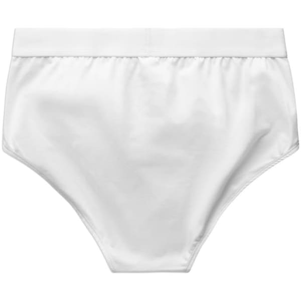 A pair of white Y-Front briefs with a comfortable waistband and a smooth finish. The product features a logo.