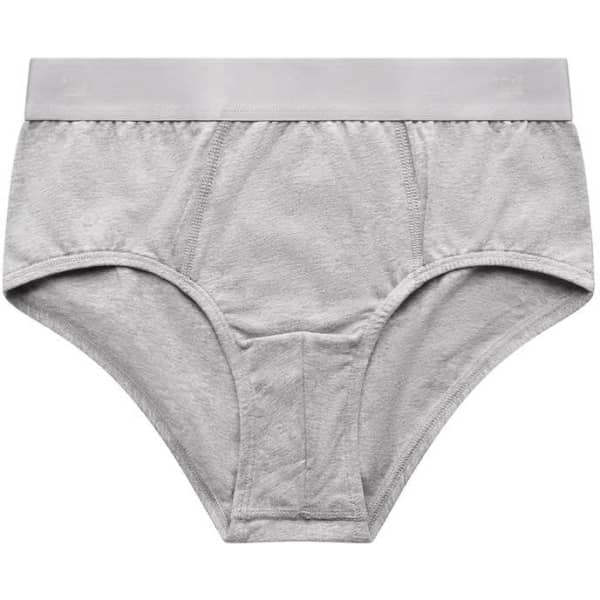 A pair of grey Y-Front Briefs with a contrasting waistband, featuring a logo.