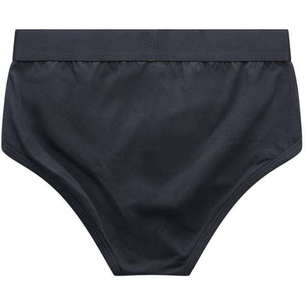 A pair of navy Y-Front briefs with a smooth, elastic waistband and a logo on the waistband.