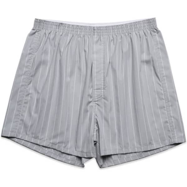 Light grey striped shorts featuring an elastic waistband and a logo on the side.