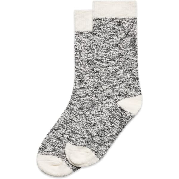 A pair of grey slub socks with light cream cuffs and toes, featuring a textured design.