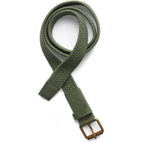 An olive green mesh belt with a brown metal buckle and a woven design. It features a single logo on one side.
