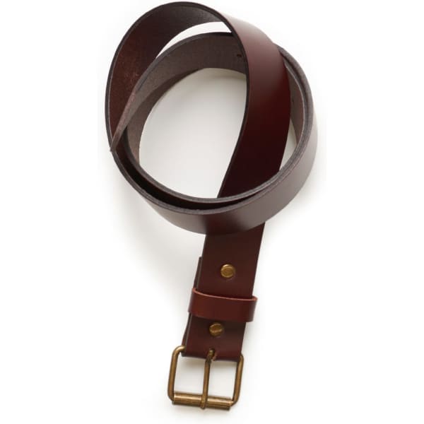 A brown leather belt with a brass buckle, featuring a simple and classic design, lying flat.