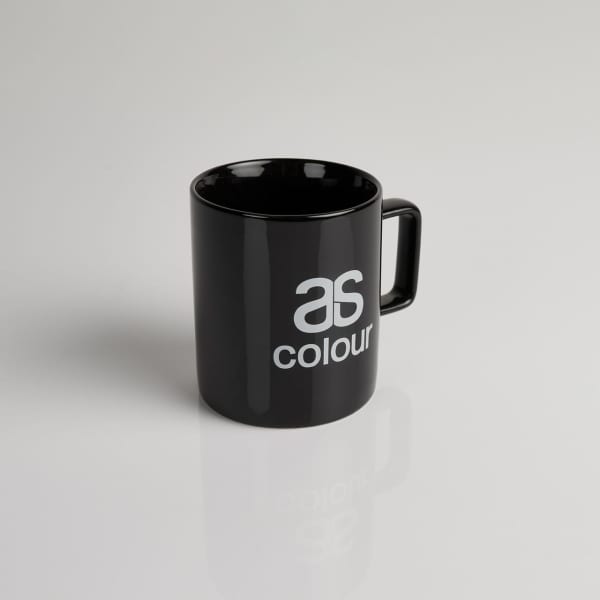 A black coffee mug featuring a logo on the side, with a smooth finish and a sturdy handle.