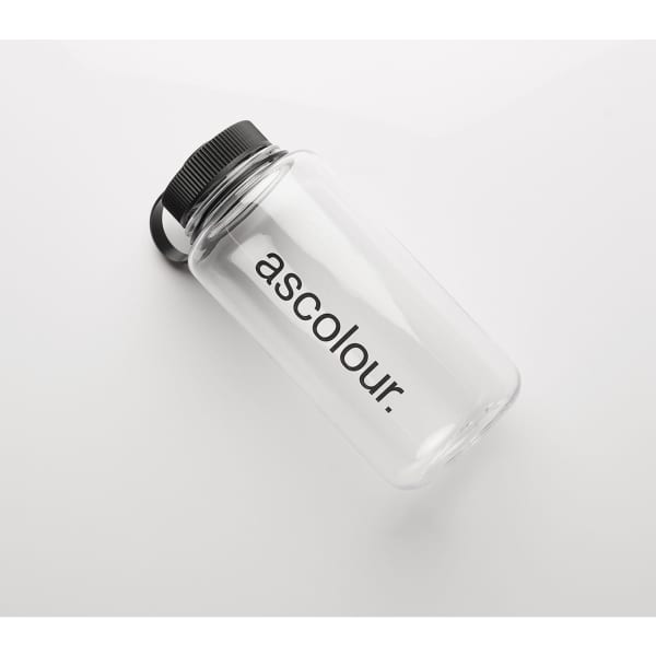 A drink bottle in clear plastic with a black lid and a logo.