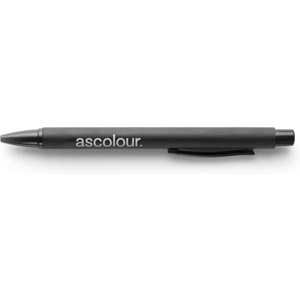 A black plastic pen with a clip and a logo on the barrel, positioned horizontally on a white background.