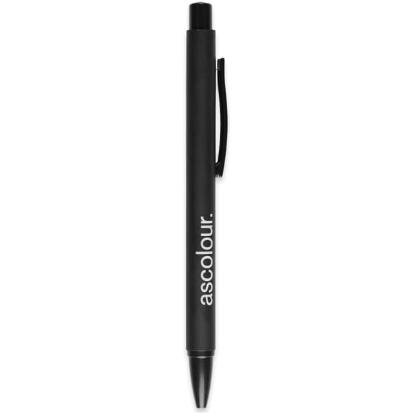 A black plastic pen featuring a logo, designed for writing purposes.