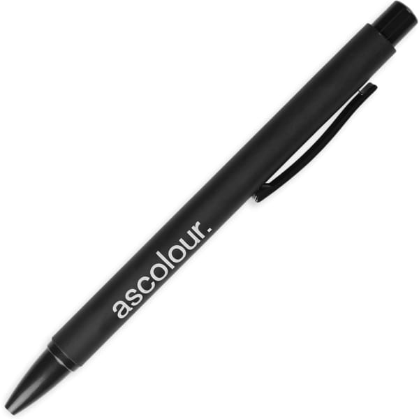 A black plastic pen with a sleek design and a logo. It features a clip for easy attachment.