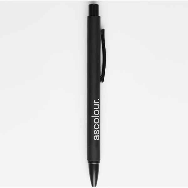 A black pen with a clip and a logo. It features a sleek design suitable for writing.