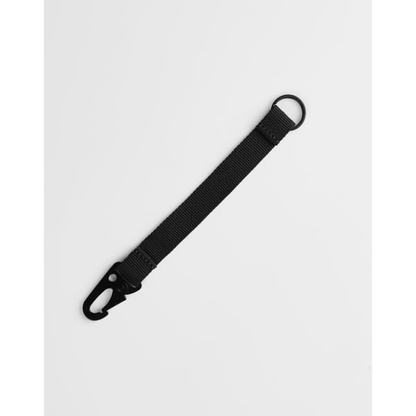A black keychain with a clip and a circular ring, made of durable material.