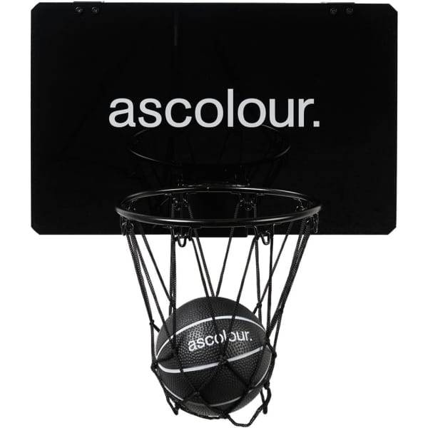 A mini basketball set featuring a black backboard, net, and a black basketball, with a logo on the backboard.