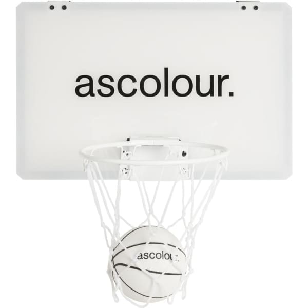 A mini basketball set with a white backboard and hoop, featuring a small white basketball. Includes branding.