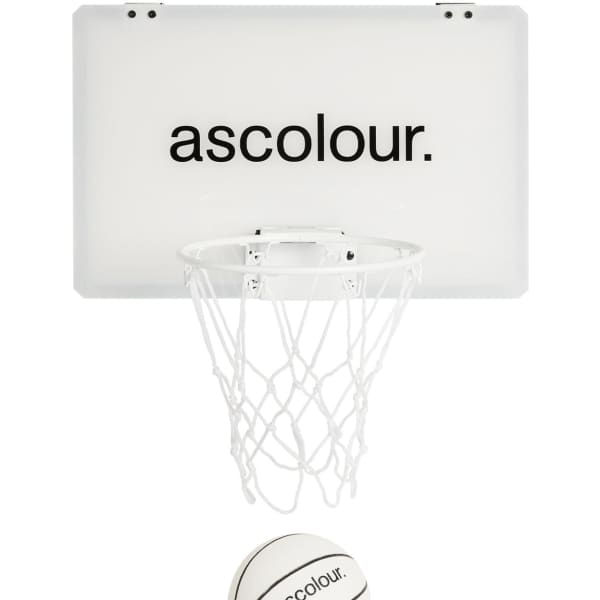 A mini basketball hoop set featuring a white backboard and a basketball with a logo.