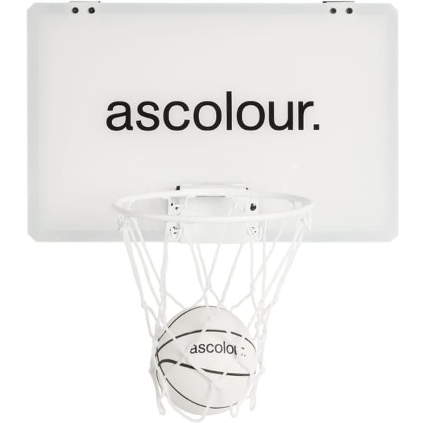 A mini basketball set featuring a white backboard, hoop, and a basketball with black detailing.