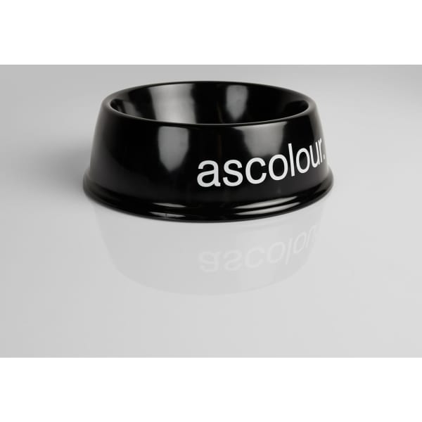 A black pet bowl with a glossy finish and a branding logo displayed on the side.
