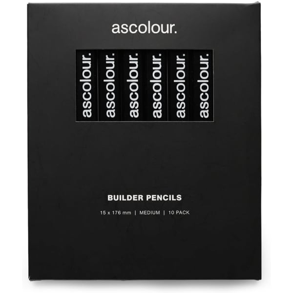 A black packaging containing a 10 pack of grey lead builder pencils, featuring branding on the front.