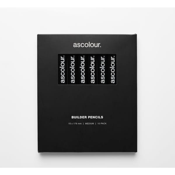 A pack of ten grey lead builder pencils in black packaging, featuring a logo on the front.