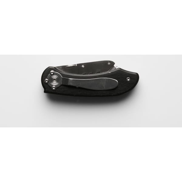 A black and silver utility knife with a folding design and a metallic finish, featuring a logo.