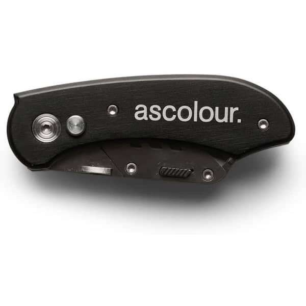A black ASC Utility Knife with a folded design, featuring a branded logo.