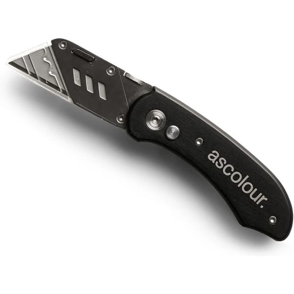 A black utility knife with a silver blade and a metal casing, featuring a logo.