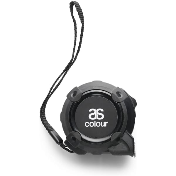 A black tape measure with a wrist strap, featuring a circular design and a branding logo on the front.