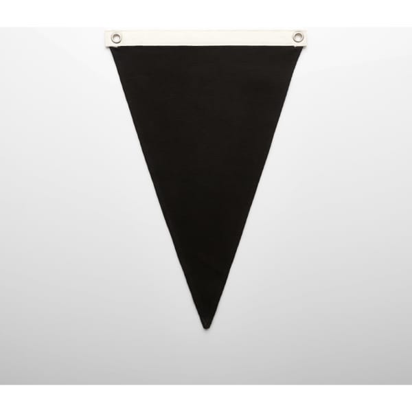 A triangular black canvas pennant flag with a white header and eyelets for attachment.