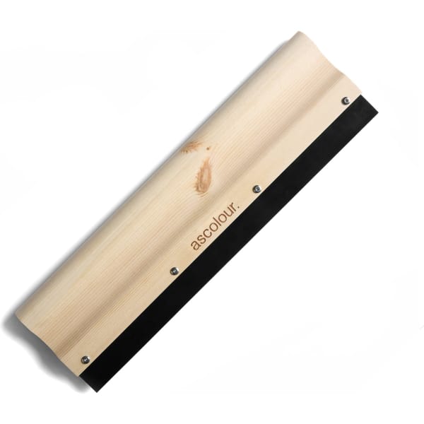 A wooden squeegee with a black rubber blade, featuring a branding logo on the handle.