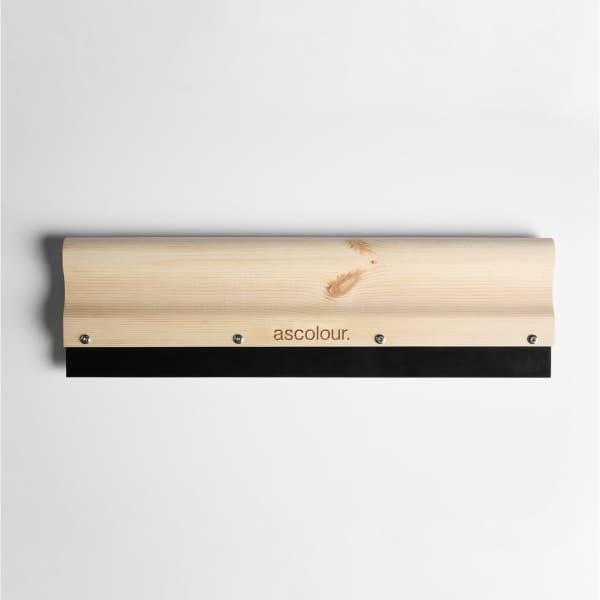 A wooden squeegee with a natural finish and a black rubber blade, featuring a logo.