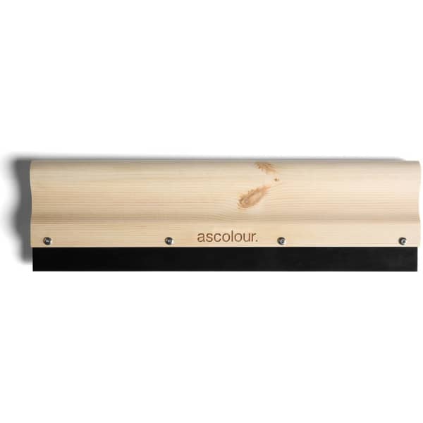 A wooden squeegee with a black rubber edge and a branding logo, featuring a natural wood finish.