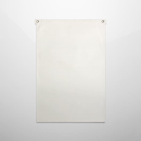 A large canvas flag in a neutral cream colour, featuring grommets for hanging. It has a simple design.