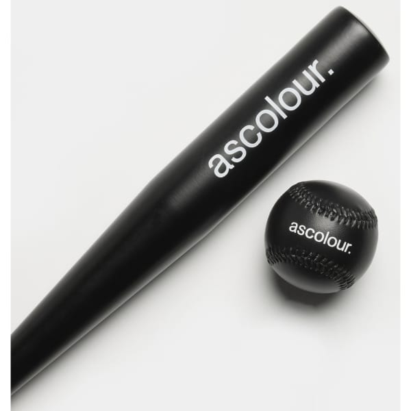 A black baseball bat and a black baseball, both featuring a logo.