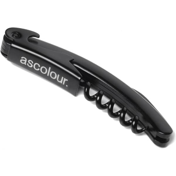 A sleek black corkscrew with a coiled opener and a branded logo. Ideal for bottle opening.