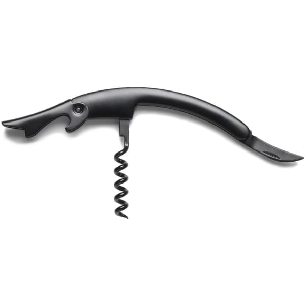 A black corkscrew with a bottle opener and a curved handle, featuring a logo on the side.