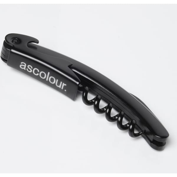 A drink bottle corkscrew in black with a sleek design. It features a logo on one side.