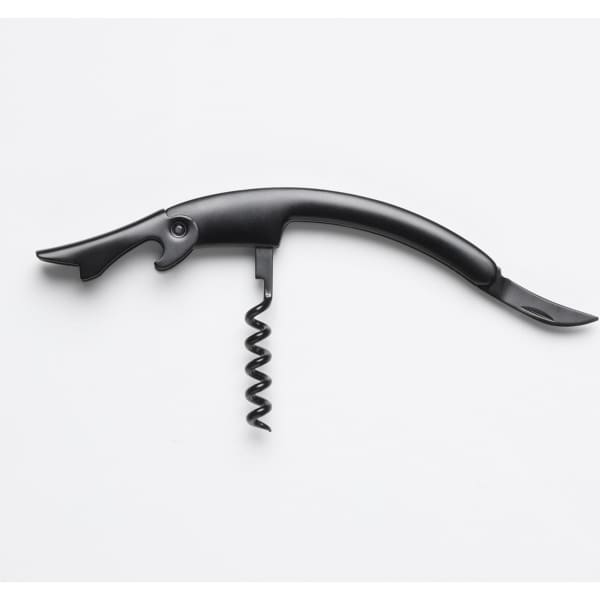 A black corkscrew bottle opener with a curved handle and a spiral corkscrew. It features a built-in knife and a logo.