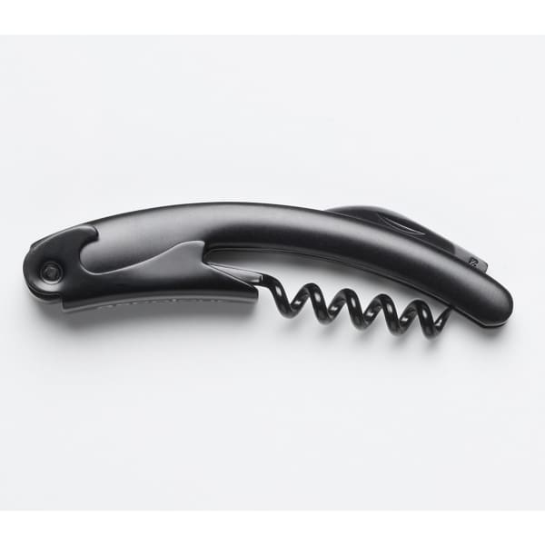 A black corkscrew with a lever design and spiral. It includes a keyring attachment.