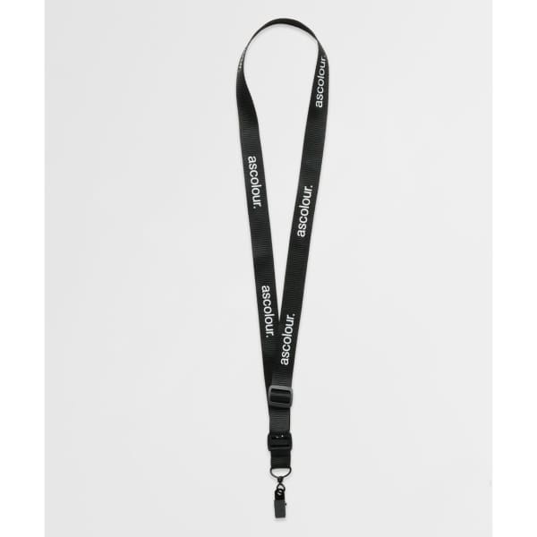 A black lanyard with a branded logo and a detachable clip for secure fastening.