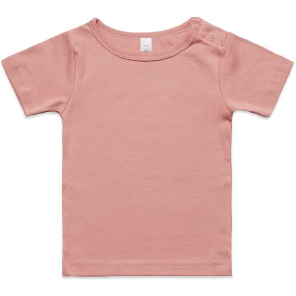 A pink infant t-shirt with short sleeves, featuring a round neckline and snap buttons on the shoulder.