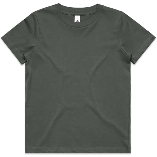 A dark green youth t-shirt with a classic crew neck and a minimalist design. It features a label inside.